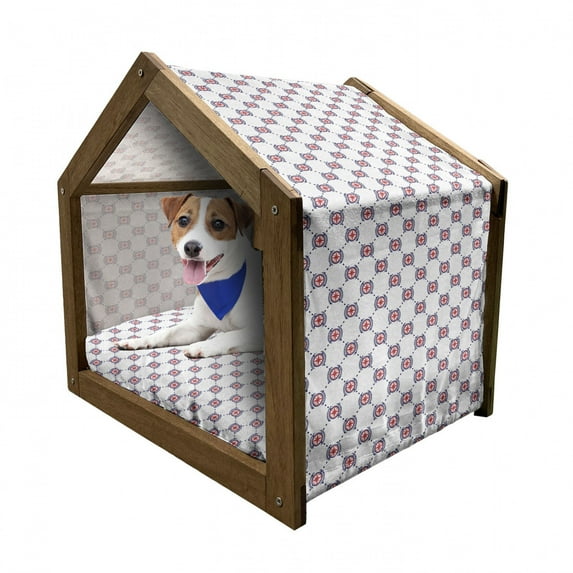 Compass Pet House, Diagonal Lines Diamond Pattern with Windrose and Laurel Wreath Nautical, Outdoor & Indoor Portable Dog Kennel with Pillow and Cover, 5 Sizes, Dark Blue Dark Coral, by Ambesonne