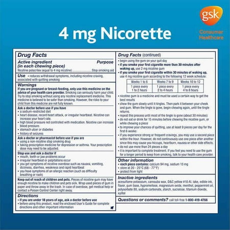Nicorette Quit Smoking Aid 2mg. or 4mg., White Ice Mint Gum 200