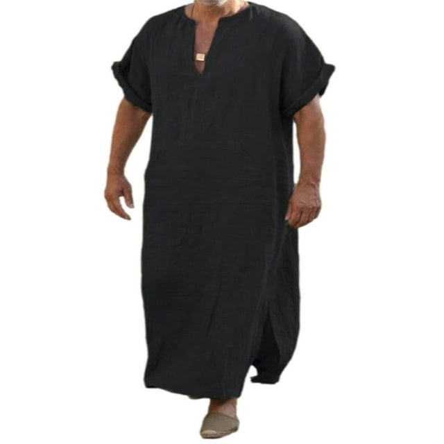 Peignoir en Lin à Col en V pour Hommes, Manches Courtes, Caftan, Thobe, Longue Robe, Thobe Arabe Saoudien, Robe Islamique Musulmane de Dubaï