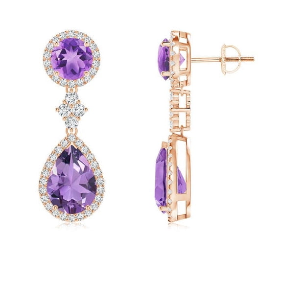 ANGARA Natural Two Tier 3.2 ct Amethyst Drop Earrings with Diamond Halo in 14K Rose Gold for Women (Size-10x7mm) | February Birthstone, Anniversary, Jewelry Gift for Women | Natural Amethyst Earrings