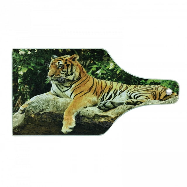 Tiger Cutting Board, Resting Feline in the Forest on a Large Rock Sublime Carnivore Beast Nature, Decorative Tempered Glass Cutting and Serving Board, Wine Bottle Shape, Multicolor, by Ambesonne