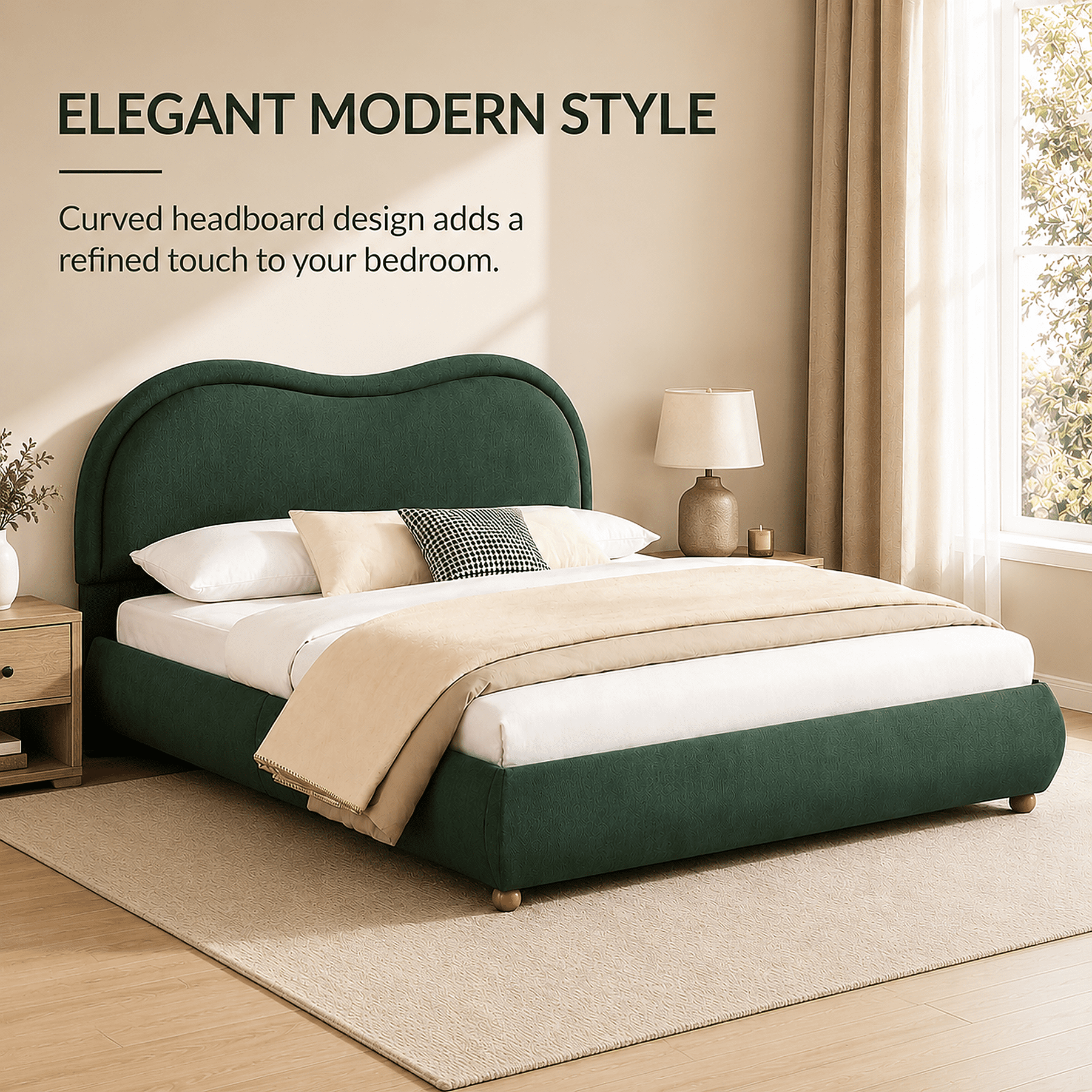 Miniyam King Bed Frame with Curved Headboard, Green Chenille Upholstered Platform Bed with Wooden Slats