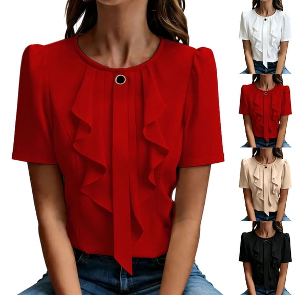 WAGUTH Women's Elegant Ruffle Front Blouses Short Sleeve Round Neck Solid Color Tops for Casual & Office Business Wear,Red,L