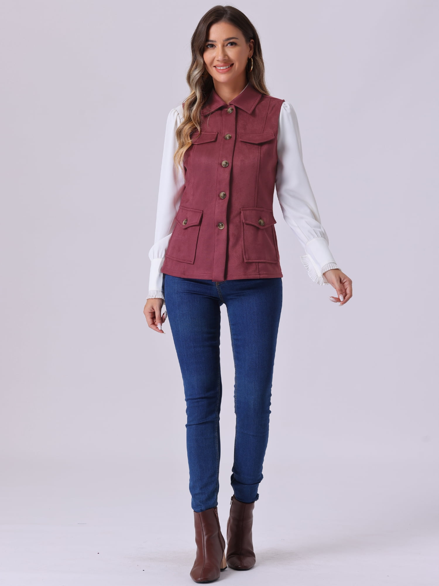 DARING DIVA Women's Rustic Button Up Utility Anorak Cargo Vest S Burgundy
