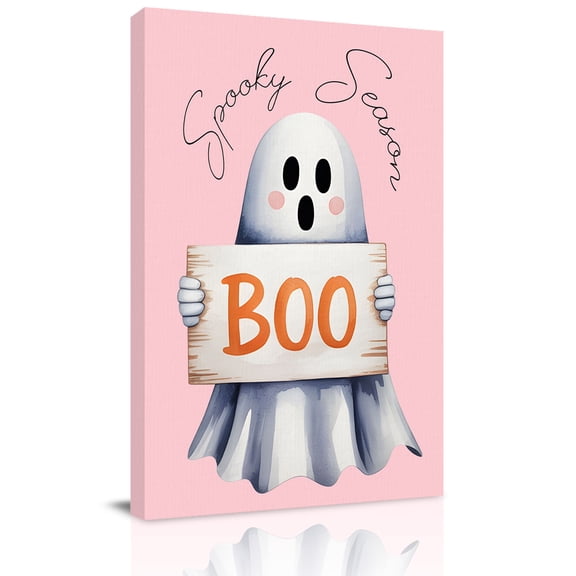 Canvas Wall Art, Pink Halloween Framed Canvas Prints for Bedroom Living Room, Cute Ghost Modern Art Large Gallery Wrapped Wall Decor for Home Office, Gifts, 18"x24" Ship Next Day