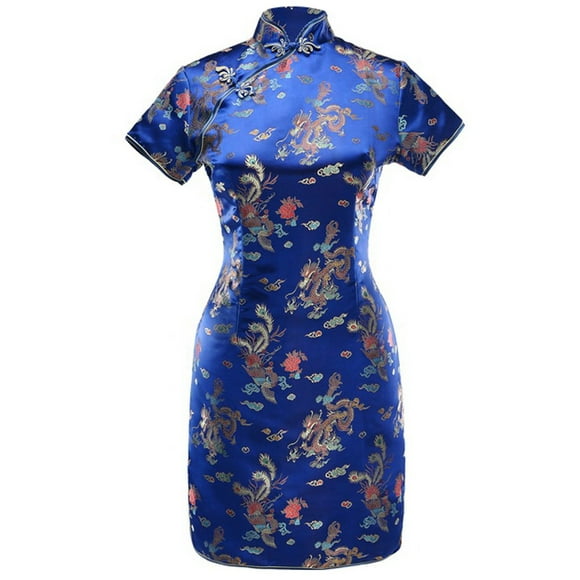 7Fairy Women's VTG Navy Blue Dragon Mini Chinese Prom Dress Cheongsam Size 8 US