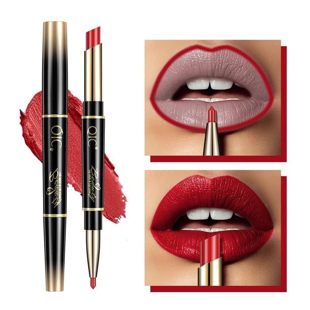 LUVCLS Lápiz labial automático de doble punta, delineador de labios mate, resistente al agua y al desvanecimiento^