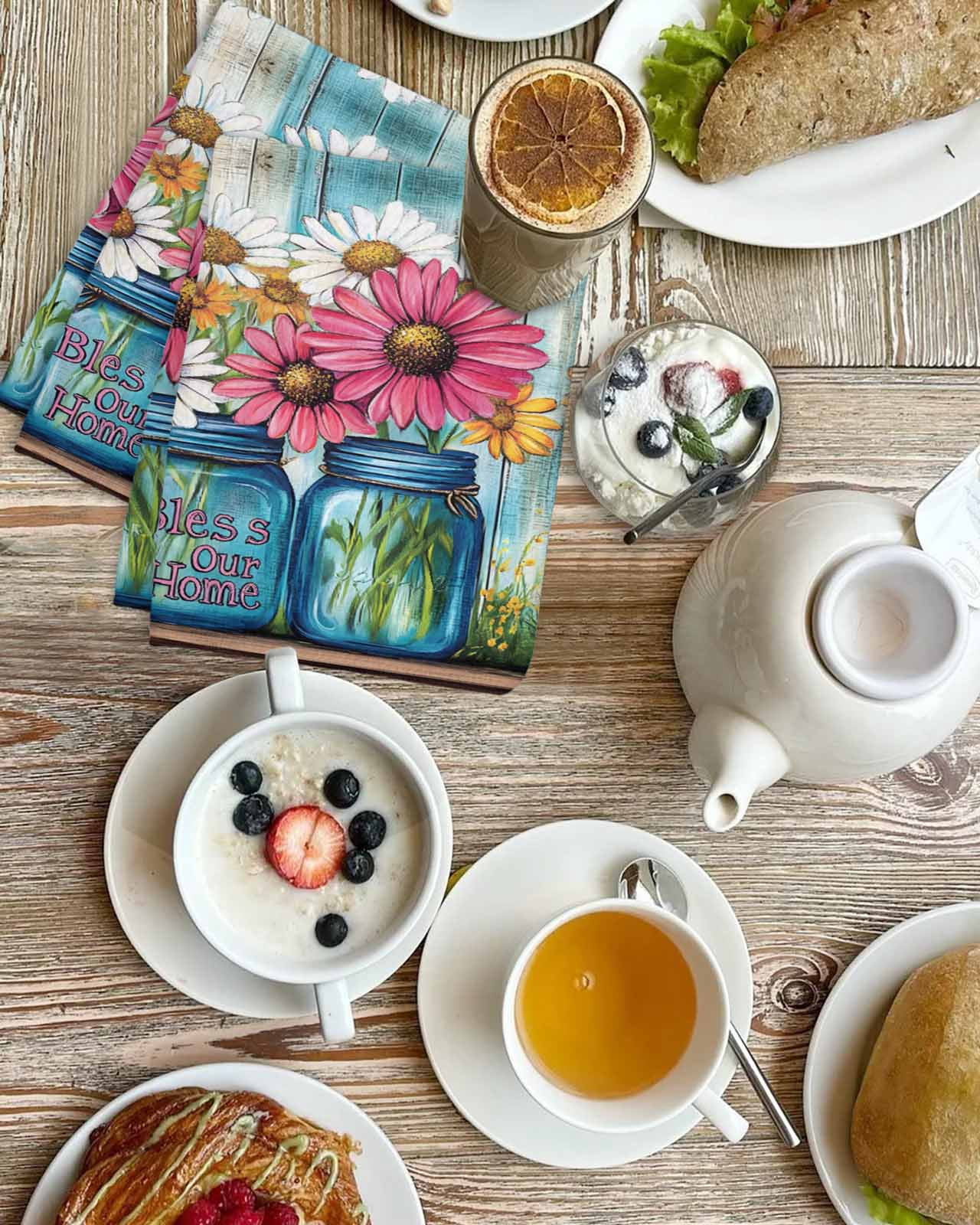 Red White Daisy Kitchen Dish Towels for Drying Dishes Set of 3, Vintage Bottle Teal Wooden Grain Waffle Weave Microfiber Terry Hand Tea Bathroom Towels Quick Dry & Absorbent Towel 15.7x23.6