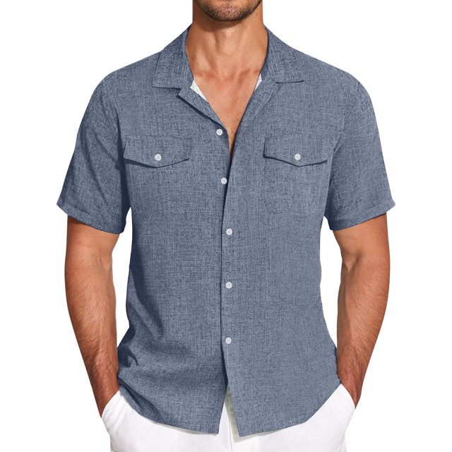 Men's Solid Color Cuban Collar Casual Short Sleeved Imitation Cotton Linen Men's Large Shirt 4XL