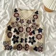 thumbnail image 5 of Sorrowso Women Hollow Crochet Knit Vest Waistcoat Beaded Embroidery Colorful Floral Sleeveless Cardigan Jacket Button Crop Top, 5 of 15