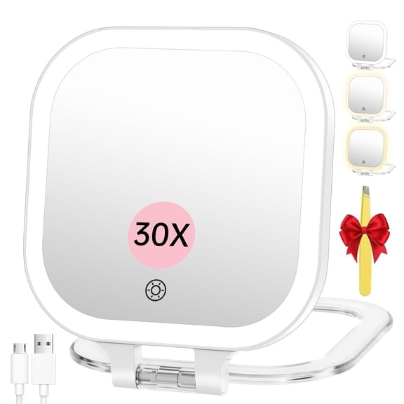 Rechargeable Travel Makeup Mirror 30X Magnification, 7" Lighted Portable Vanity with 3 Colors Lighting & Stepless Dimming, Double Sided LED Mirror, Gift for Women (White)