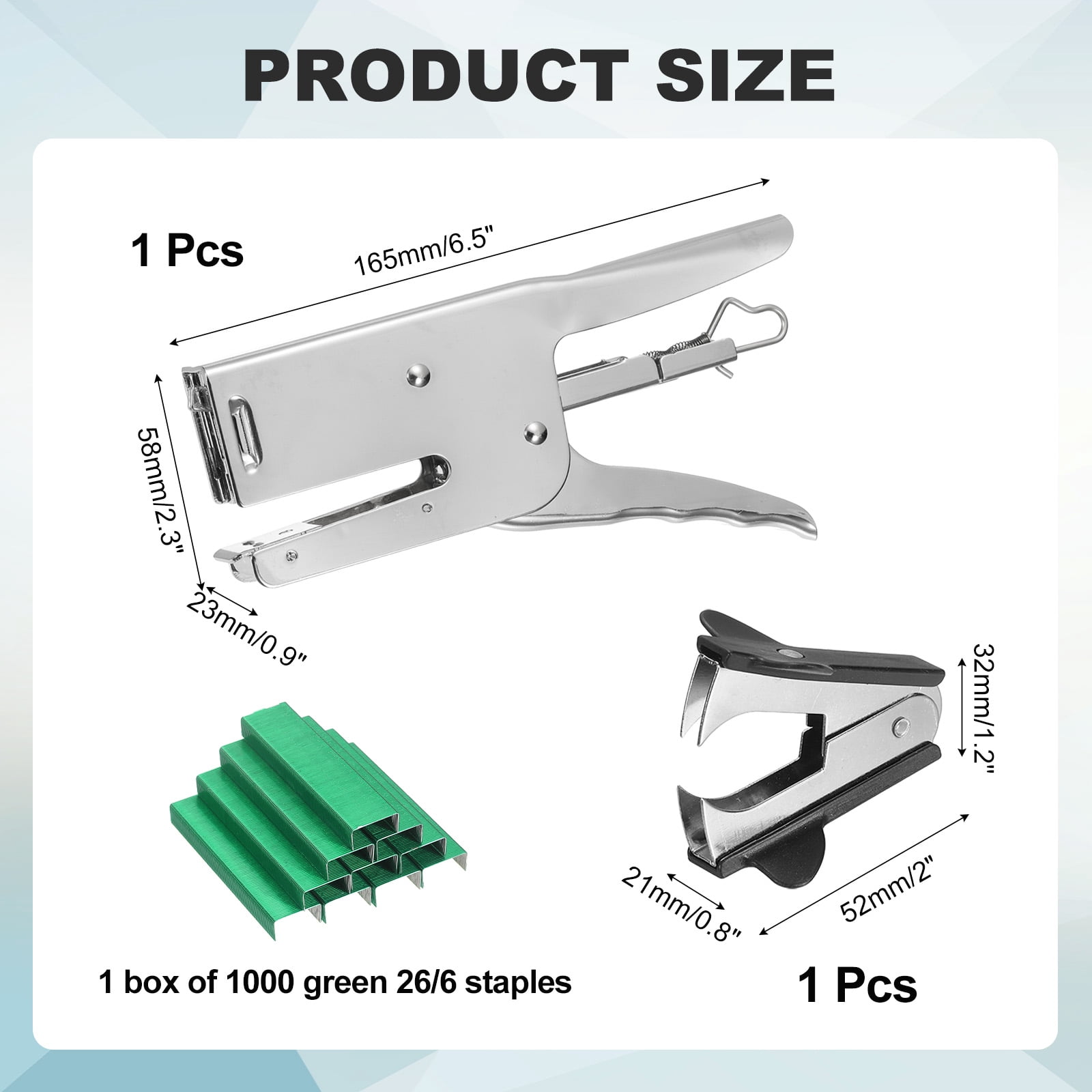 Desktop Stapler Heavy Duty, 1 Set Handheld Plier Stapler No Jam with Staples Remover and 1000 Green 26/6 Staples Set for Office Supplies Workplace Paperwork Cardboard, Silver