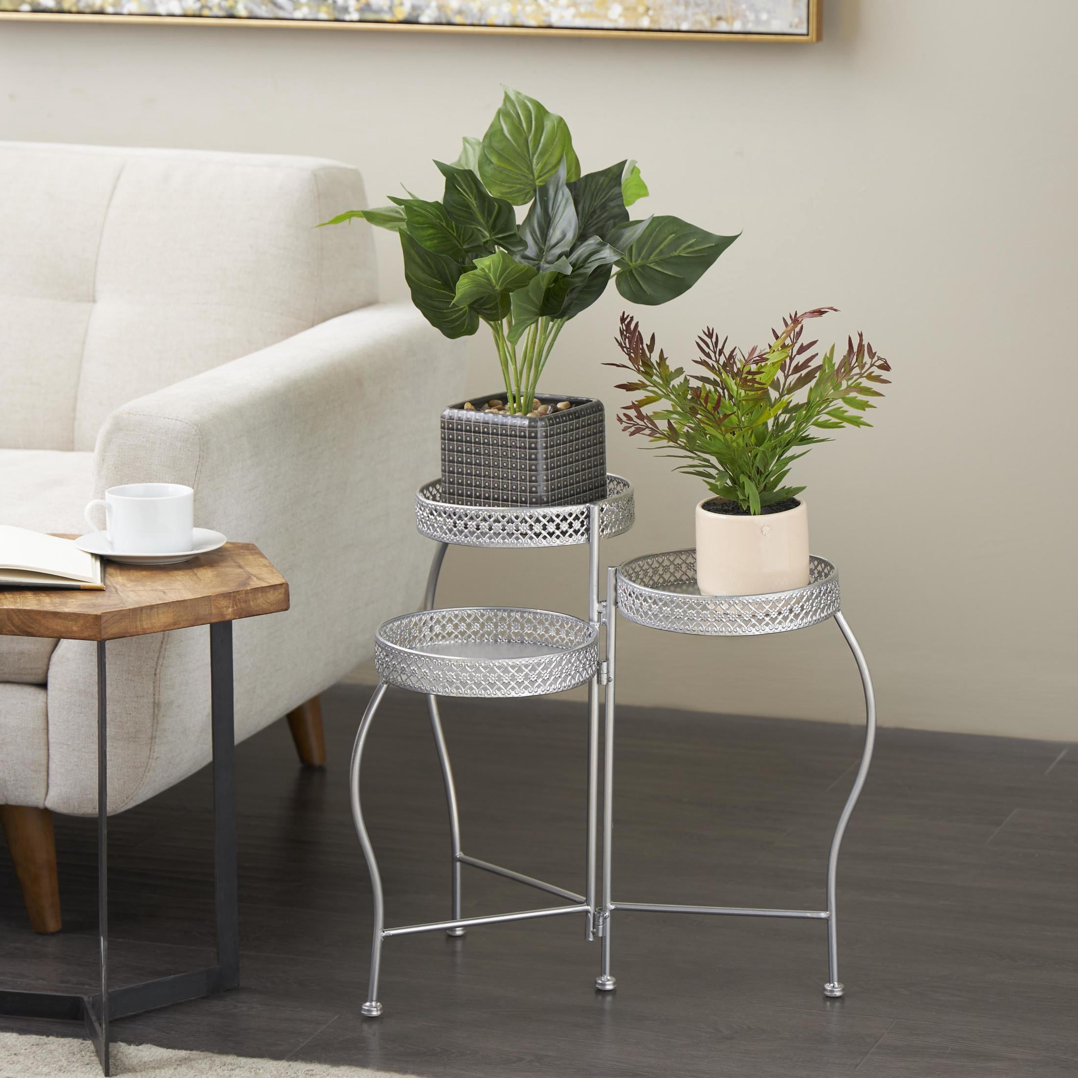 DecMode 17" x 17" x 20" 3 Tier Silver Metal Curved Folding Plantstand with Floral and Scroll Patterns