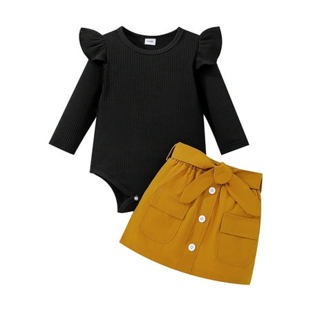 

Girls Outfit Ruffles Long Sleeve Ribbed Romper Bodysuits Skirt With Pocket Outfits Clothing For Girl