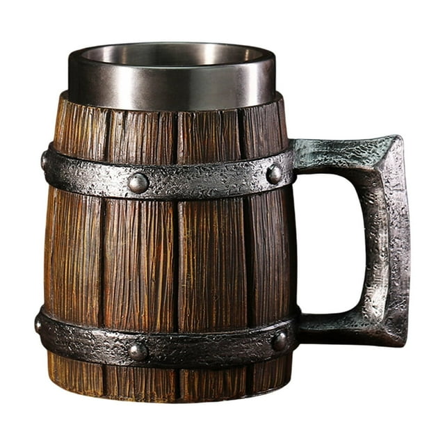 SDNall Tasses en Acier Inoxydable, Tasse à Café en Acier Inoxydable, Nouvelle Chope à Bière en Forme de Baril Chaud Personnalité Allemagne Grande Capacité Chope à Bière Imitation Bois Tasse en Acier Inoxydable Bar, Tasse à Café en Acier Inoxydable