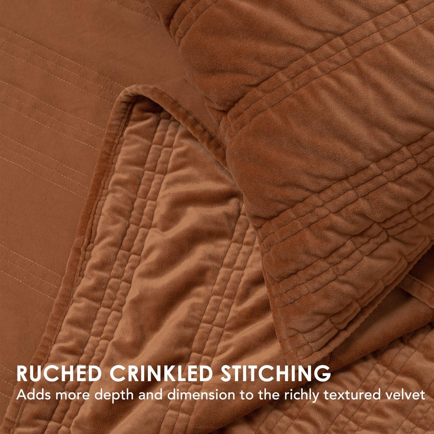 EVERGRACE Velvet Quilt Queen Size, Luxury Velvet Bedding Set, Ultra Soft Ruched Quilt Sets, Lightweight Comforter Vintage Textured Bedspread Coverlet with 2 Shams for All Season, Burnt Orange