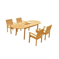 Grade-A Teak Dining Set: 4 Seater 5 Pc: 94" Oval Table And 4 Leveb Stacking Arm Chairs Outdoor Patio WholesaleTeak #51LV2205
