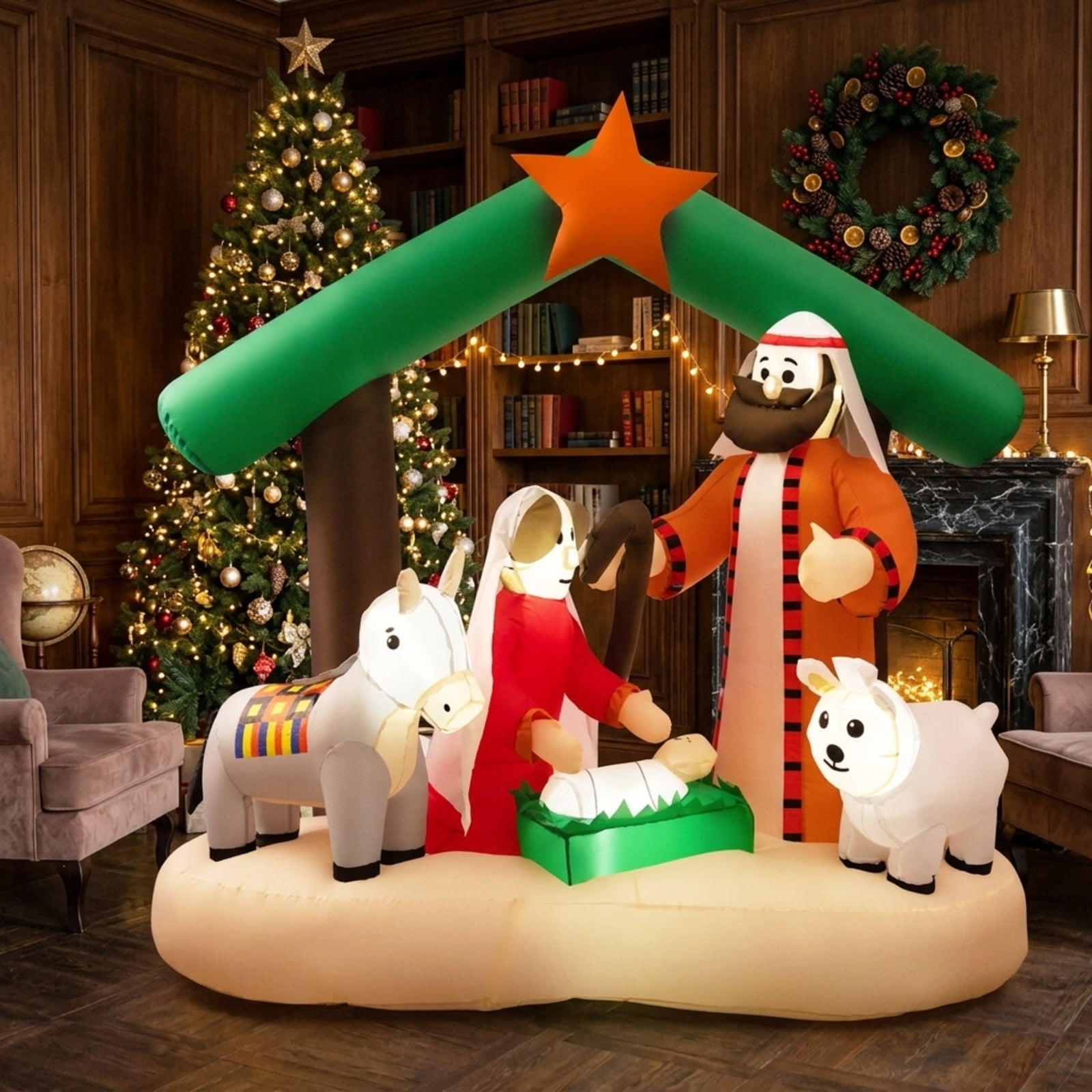 RUIE 6.7 ft Christmas Inflatable Nativity Scene with LED Lights, Waterproof Blow Up Holy Family Outdoor Yard Decoration for Lawn