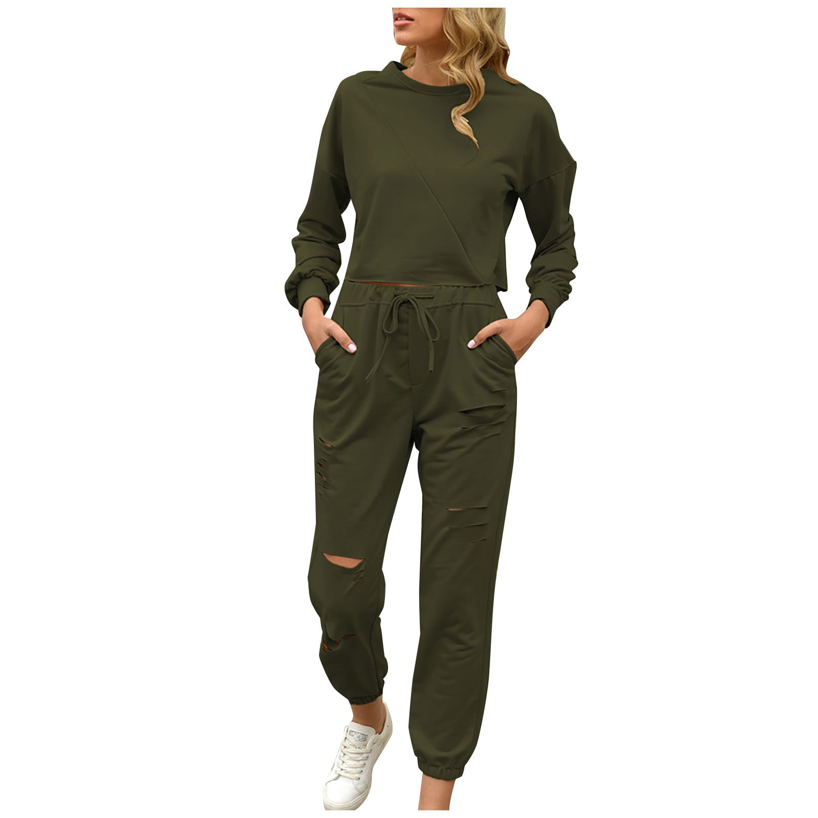 TZNBGO Lounge Sets For Women 2 Piece,2Pc Women Pure Color Suit Long Sleeve  Leisure Pocket Home Sweatpants Sets Fashion solid color ripped long-sleeved  trousers casual sports home suit 2 Piece gree1373 -