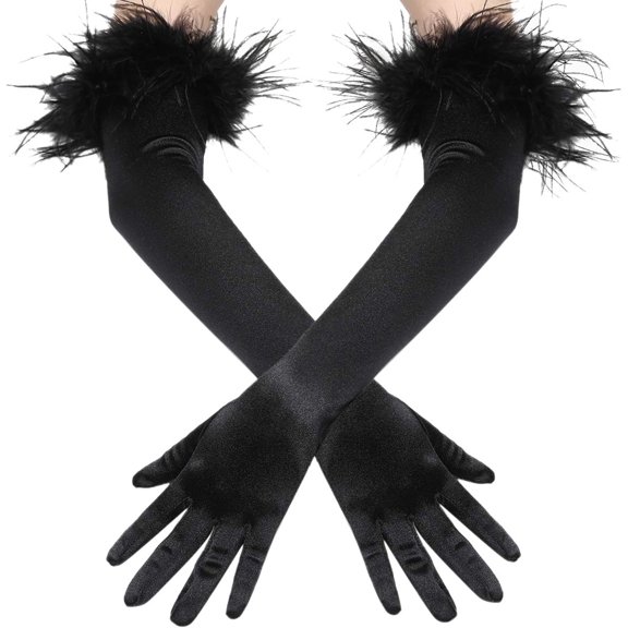 YooGuoGuo Long Satin Opera Gloves - Pageant Feather Gloves 1920s Stretchy Elbow Gloves for Halloween Costume Evening Party