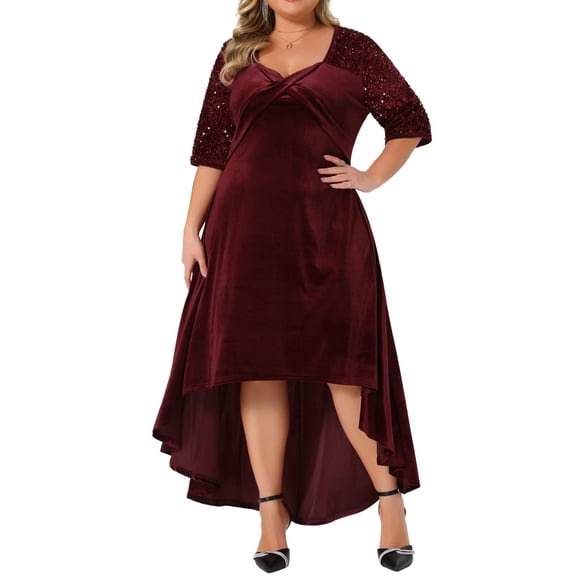 DARING DIVA Plus Size Velvet V Neck Sequin Sleeve High Low Hem Dress 1X Burgundy