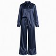 thumbnail image 6 of Xinoom Women's 2 Piece Satin Matching Set, Lapel Button Down Shirt & Drawstring Wide Leg Pants, Elegant Casual Outfit, Gift for Ladies, Dinner Gathering Dark Blue,XS, 6 of 7