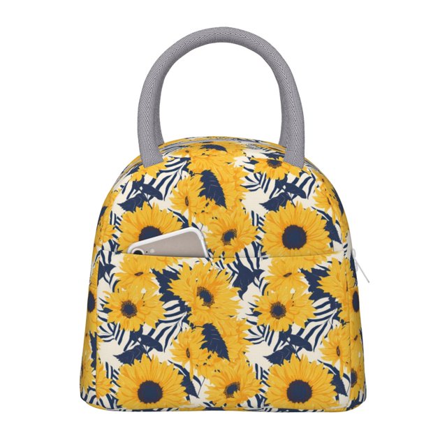 Easygdp Blue Striped Sunflower Bolsa de Almuerzo Insulada Grande, Forro de Aluminio, Diseño Espacioso, a Prueba de Fugas, Ideal para Trabajo, Picnics, Viajes y Actividades al Aire Libre