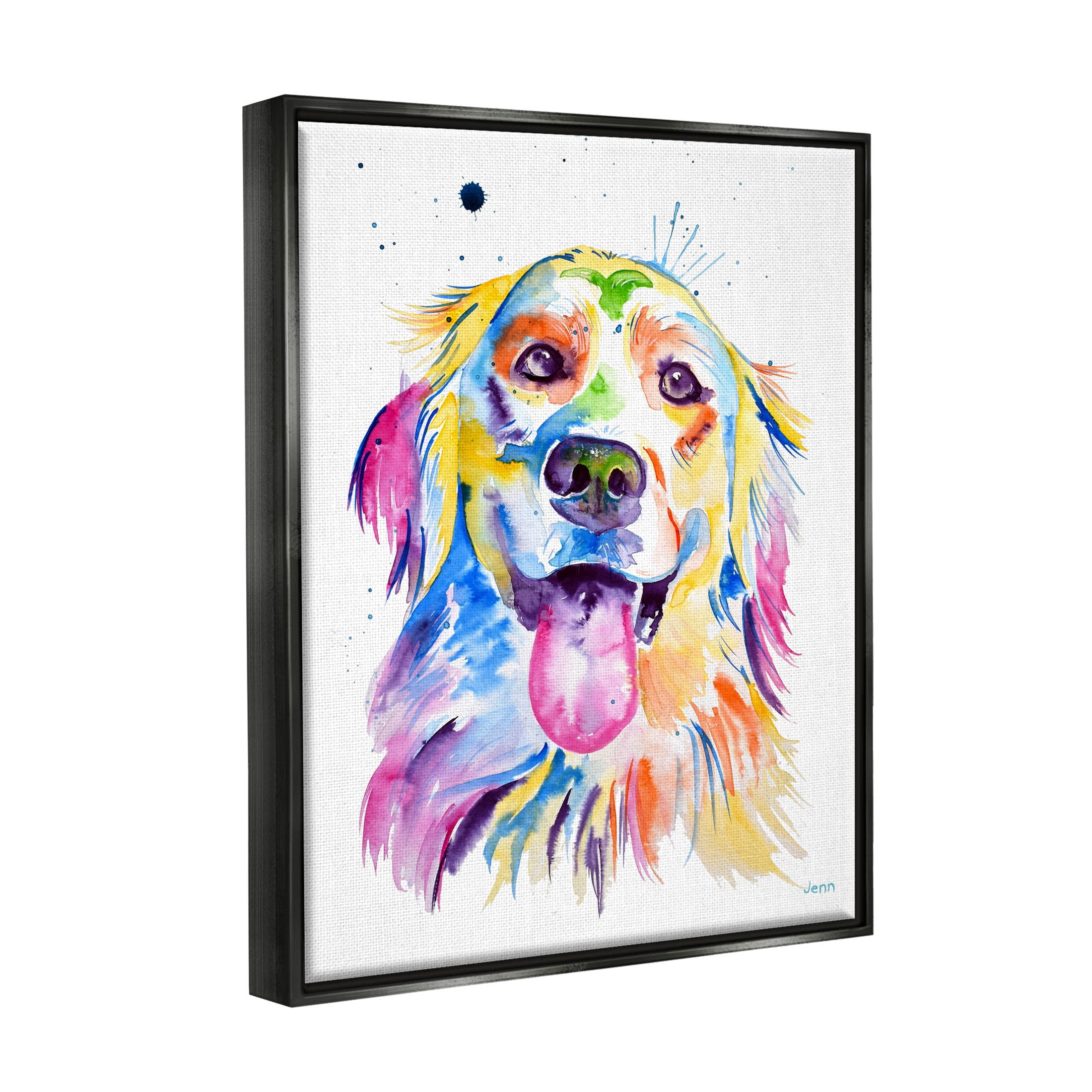 Watercolor Style Happy Dog Face Animals & Insects Graphic Art Jet Black Framed Art Print Wall Art