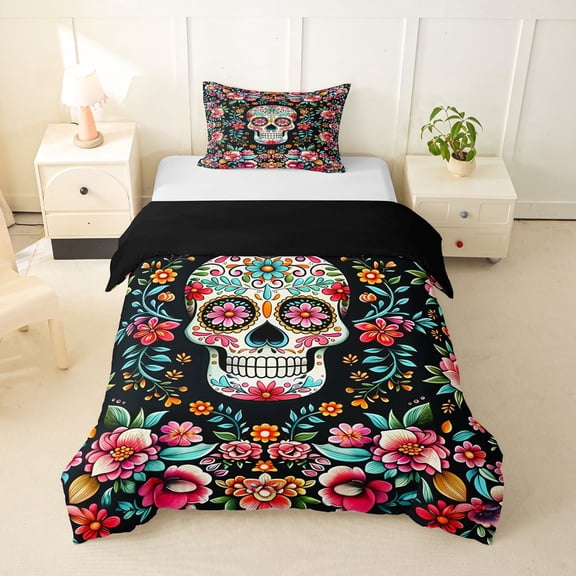 Homewish Gothic Sugar Skull Twin Duvet Cover,Watercolor Flowers Twin Bedding,Pink Green,Black Reversible,2-Piece,1 Duvet Cover and 1 Pillowcase