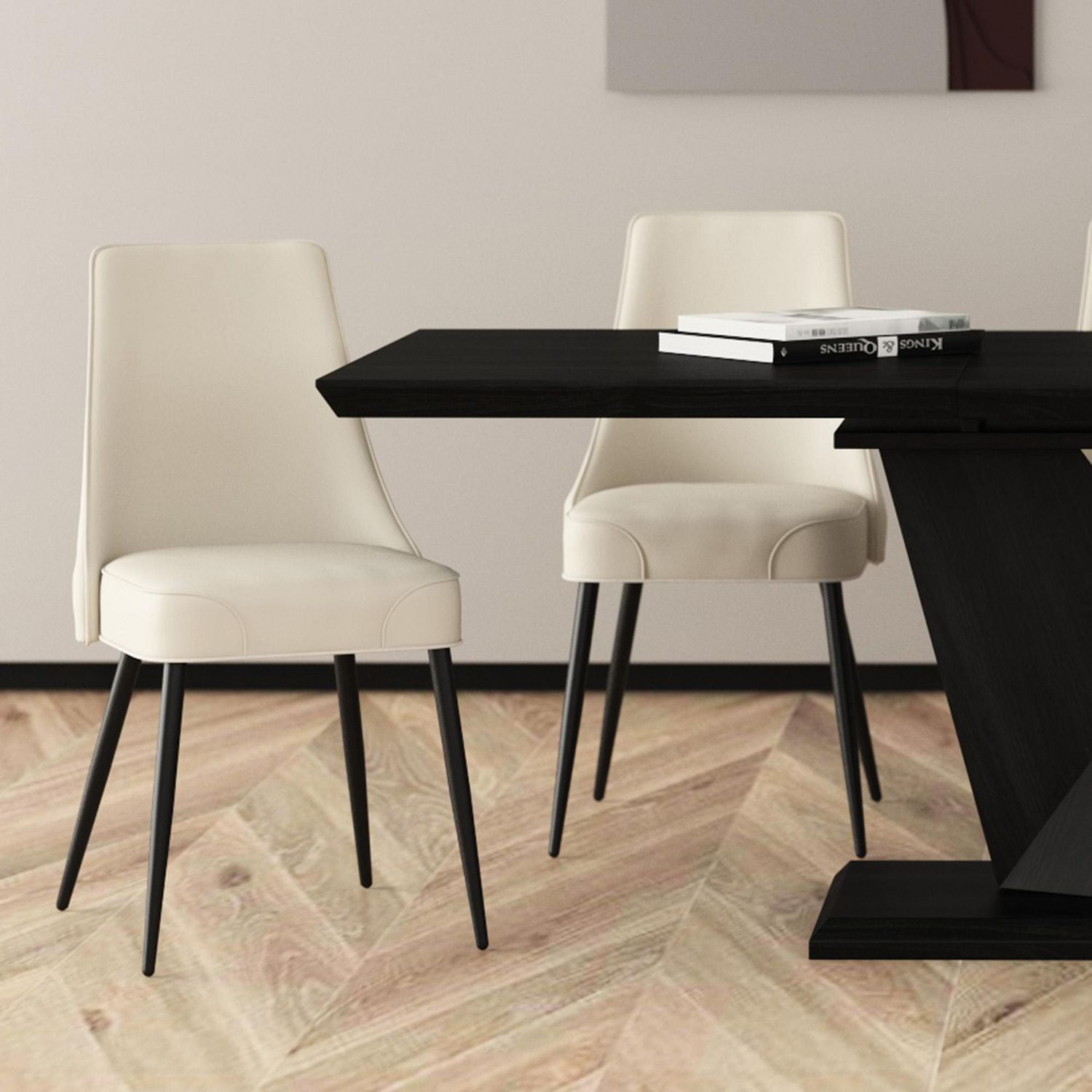 Modern Faux Leather & Metal Dining Chair, Faux Leather, Set of 2 - Beige & Black