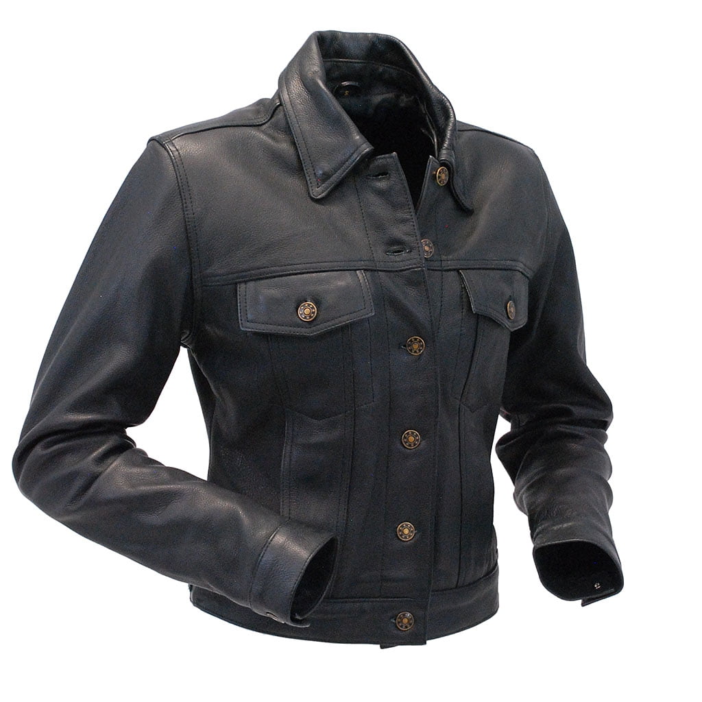 Black leather jean jacket womens Outlet