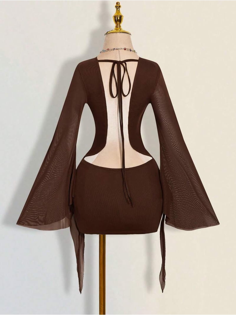 brown mesh mini dress Billy Brown Polka Dot Cowl Mesh Mini Dress - 10