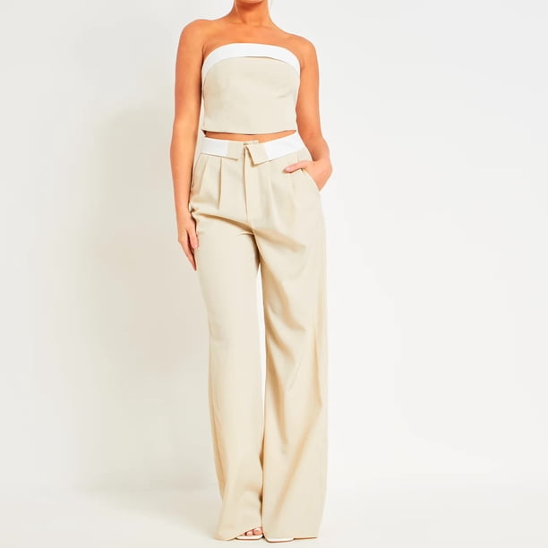 Conjunto De Top Corto Sin Mangas Y Pantalones Anchos Conjuntos de salón de 2 piezas para mujer, tops de cuerpo entero con hombros descubiertos, atuendos informales para el verano Cgtredaw Beis M para Mujer
