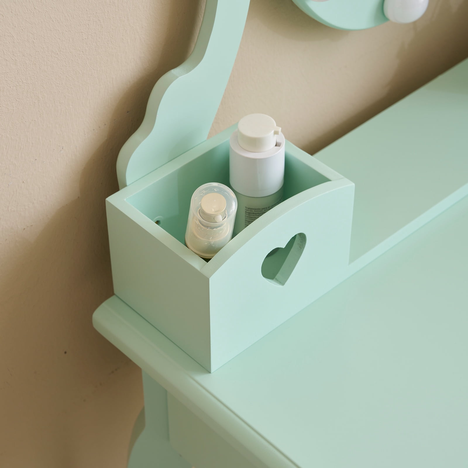 PAPROOS Kids Vanity Set with Mirror and Stool, Wood Pretend Play Princess Makeup Dressing Table with 3 Color LED-Light and 5 Storage Drawers, Girls Small Vanity for Little Girls, Macaroon Green