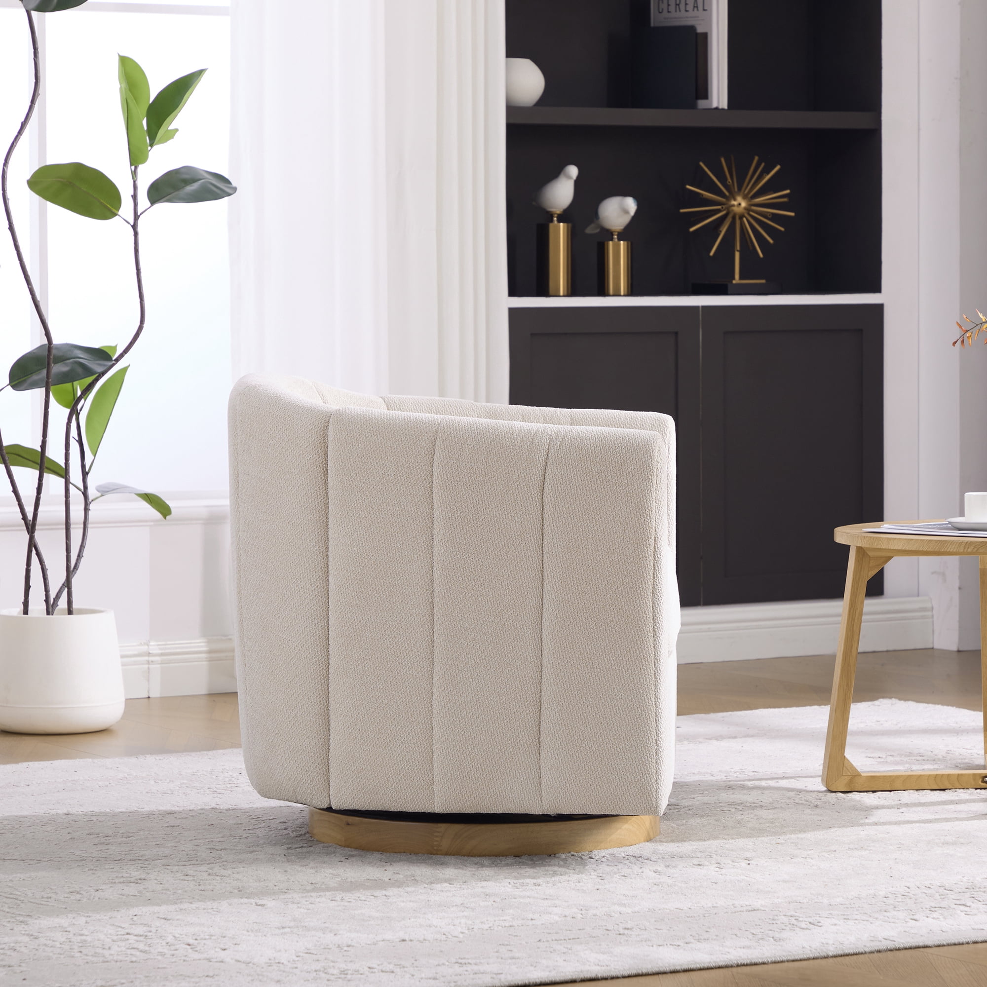 Leumius Swivel Barrel Chair with Solid Wood Base, Comfy Channel Tufted Accent Round Armchair, Single Club Sofa for Living Room Bedroom Reading Nook Corner Apartment, Beige