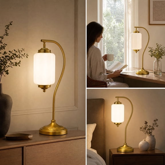 Gold Curved Arm Table Lamp, Modern Glass Shade Desk Lamp Elegant Bedside, for Living Room Bedroom Nightstand, Vintage Style Home Decor Lighting