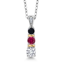 Gem Stone King 925 Silver and 10K Yellow Gold Round White Lab Grown Diamond Red Created Ruby and Black Onyx Pendant Necklace for Women (0.62 Cttw, Gemstone April Birthstone, with 18 inch Chain)