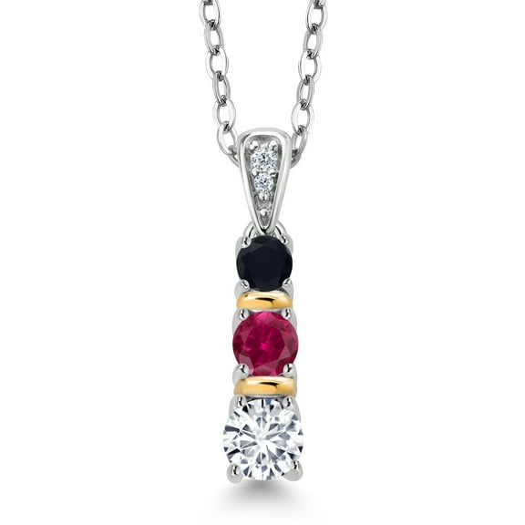 Gem Stone King 925 Silver and 10K Yellow Gold Round White Lab Grown Diamond Red Created Ruby and Black Onyx Pendant Necklace for Women (0.62 Cttw, Gemstone April Birthstone, with 18 inch Chain)