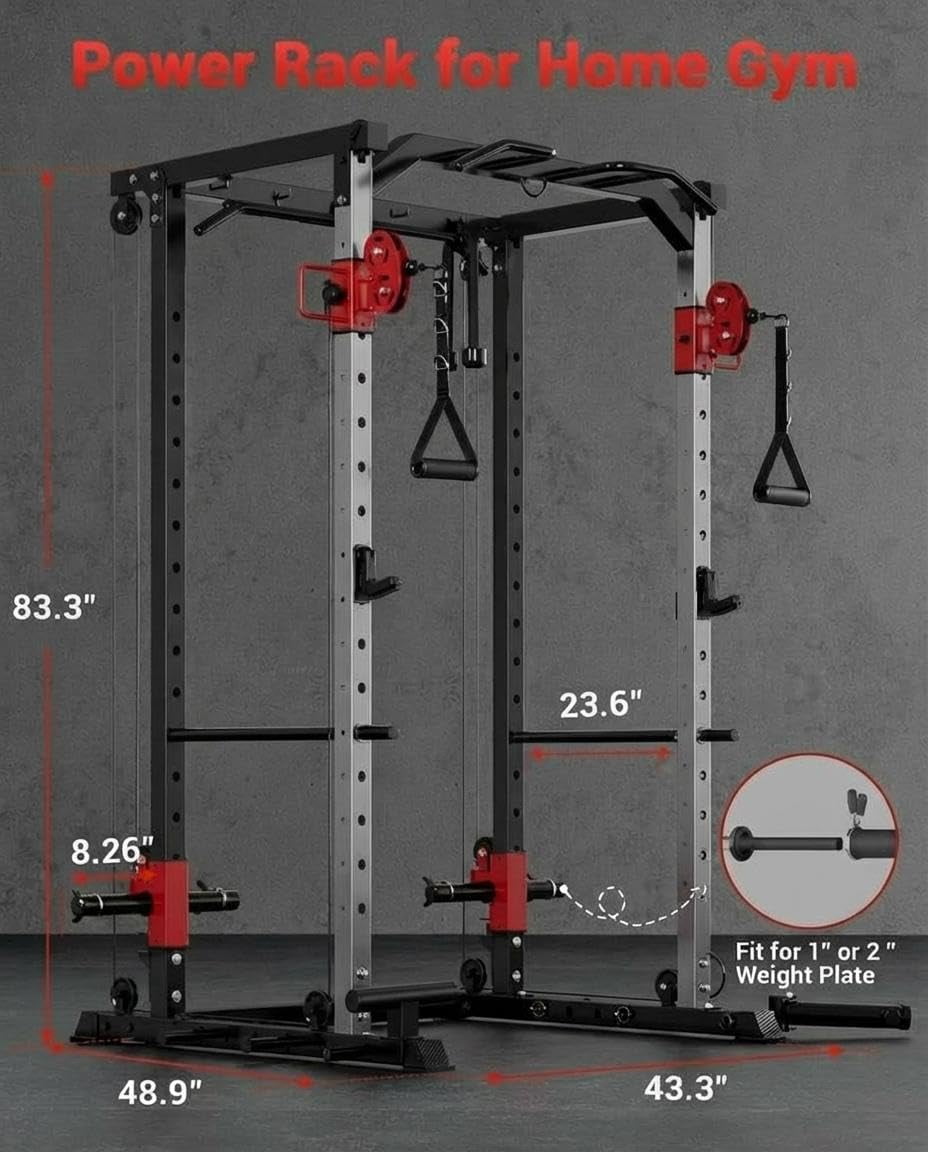 Memoryfield Multi-Functional Fitness Power Cage, 1200LBS Squat Rack with Dual Pulley for Complete Home Strength Workout, Red