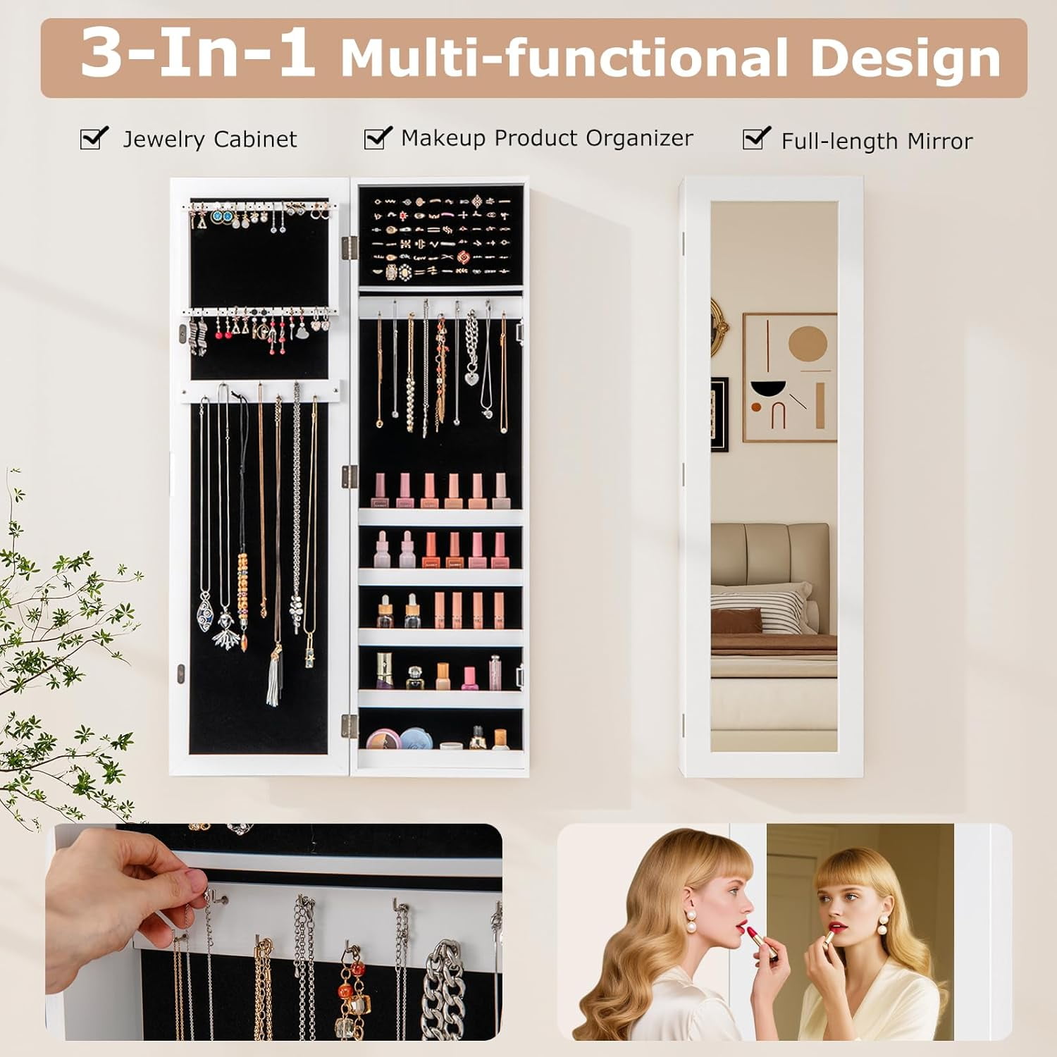 Mirror Jewelry Cabinet Wall Mounted, 42” Over the Door Full Length Mirror with Storage & Hooks, Hanging Jewelry Chest Box, Modern Jewelry Storage Organizer for Women, Girls, White