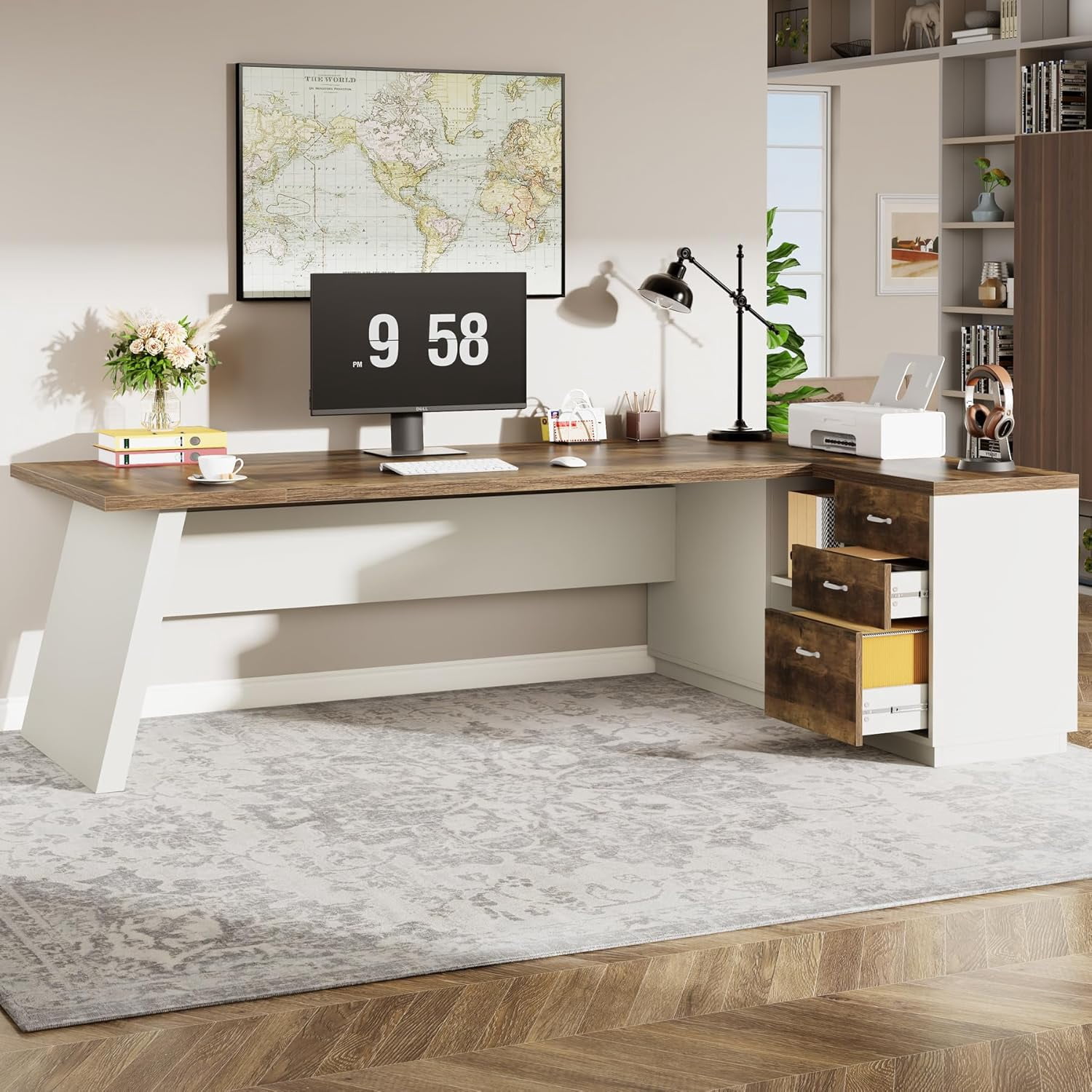 Tribesigns 78" L-Shaped Executive Desk, Large Office Desk with Drawers and Lateral File Cabinet