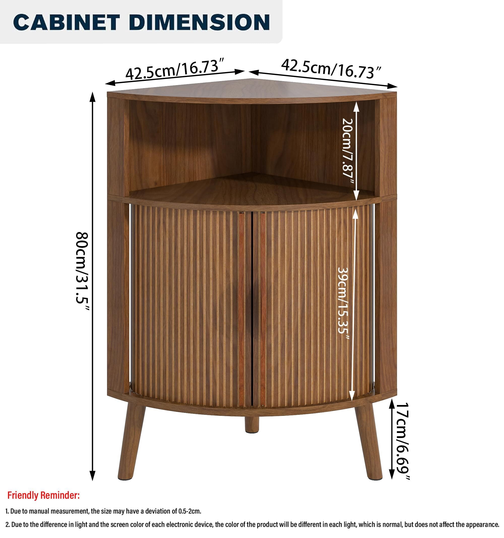 Bathroom Storage Cabinet, 31.5" Narrow Floor Corner Storage Cabinet with Fluted Doors & Shelves, Walnut