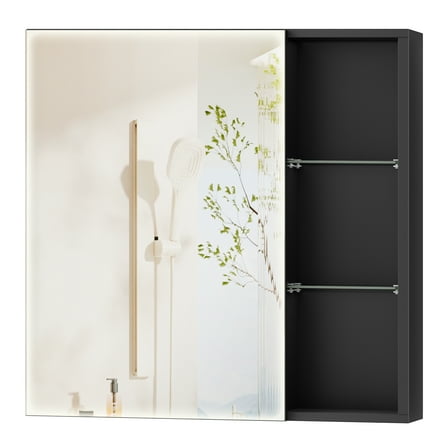 HOOBRO 27.6''x27.6'' Medicine Cabinet, Bathroom Wall Cabinet with Shelves and Mirror, Modern Wall-Mounted Storage Cabinet, Black BB780CW01