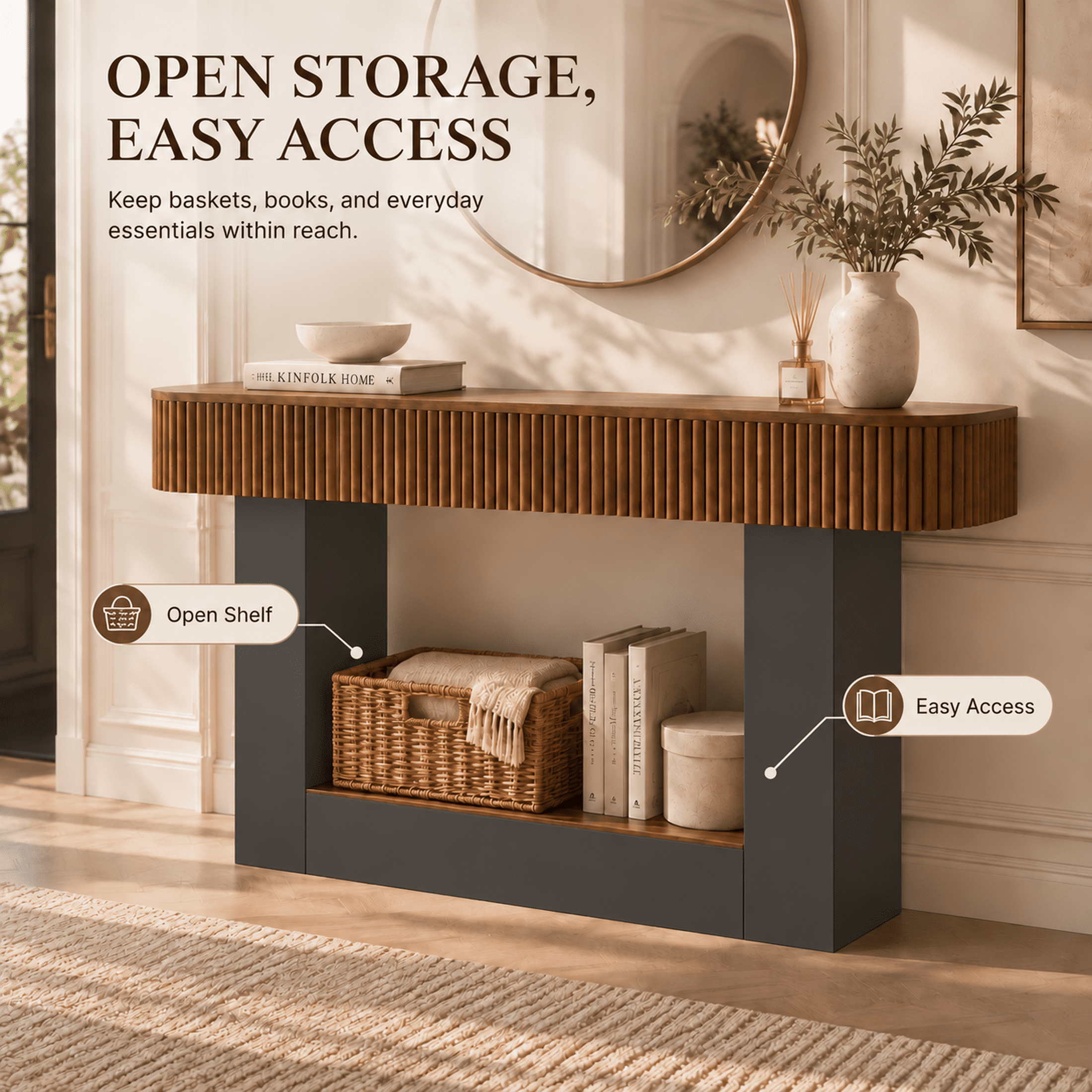 PORKISS 62.9" Console Table with Open Storage, Narrow Long Entryway Table with Rounded Edges, Fluted Sofa Table for Living Room, Hallway, Foyer, Behind Couch, Black + Brown