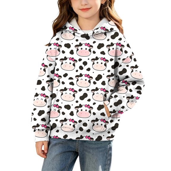 Qingpeng Boys Girls Cow Print Hoodie Long Sleeve Pullover Sweatshirt with Kangaroo Pocket for Winter