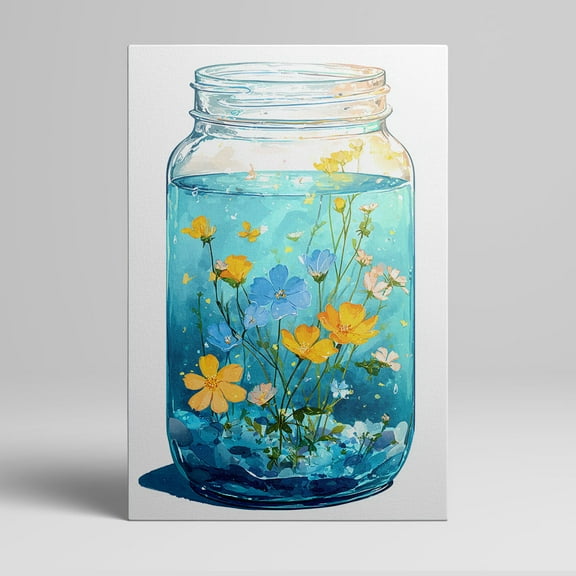 1pc Blue Mason Jar with Floating Wildflowers Framed Decor room hanging Wall Picture Decor for Home Gifts, living room, bathroom, bedroom, kitchen wall art decor canvas wall art