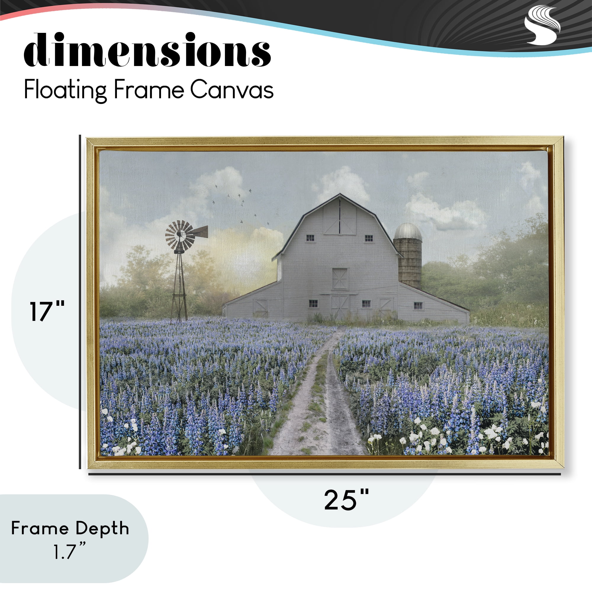 Stupell Industries Meadow of Blue Flowers & Barn Gold Framed Floater Canvas Wall Art, design by Nan