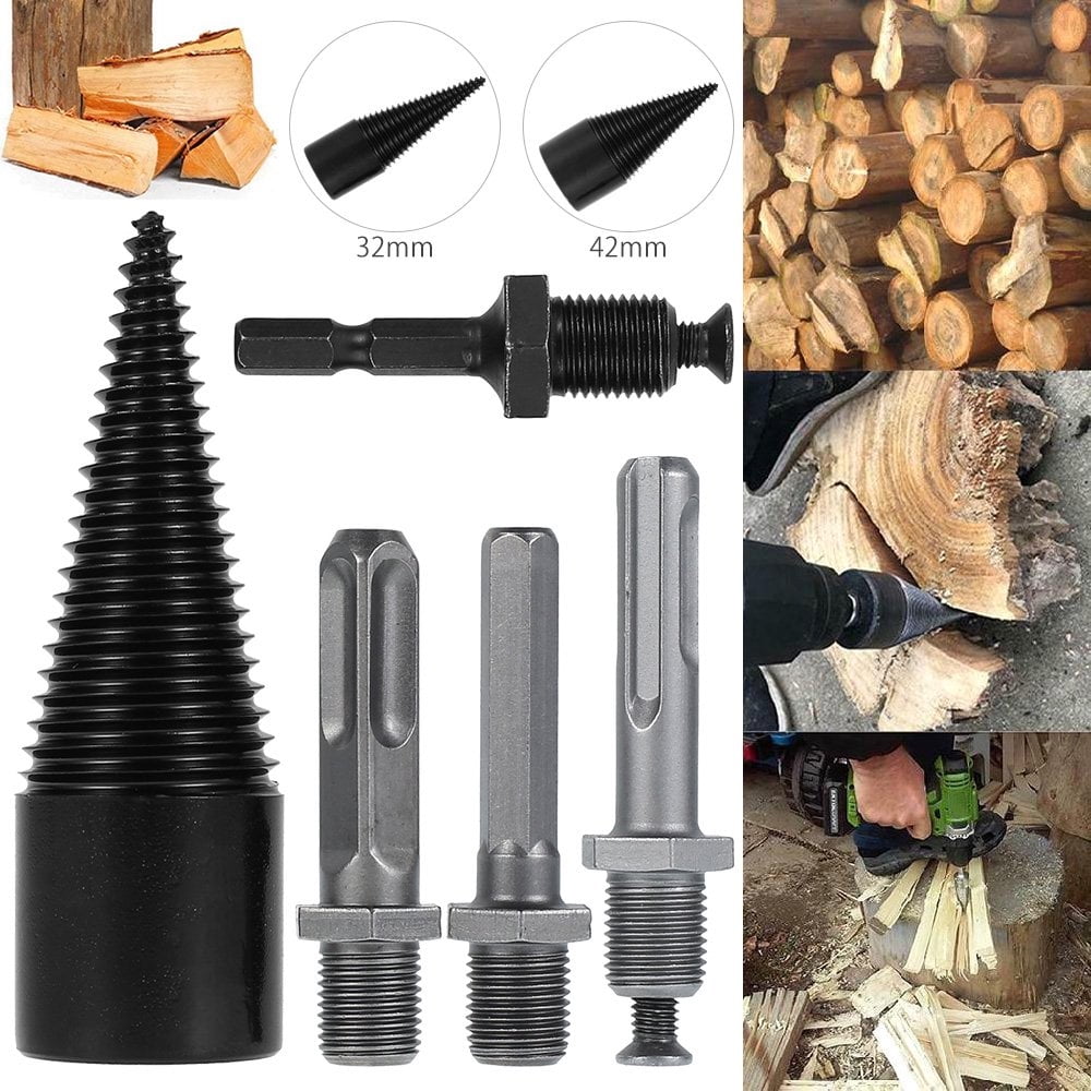 Firewood Log Splitter, 4Pcs Drill Bit Removable Cones Kindling Wood