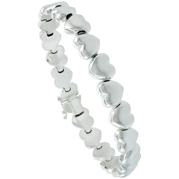 925 Sterling Silver Solid Italian Fancy Stampato Heart Chain Bracelet 10mm
