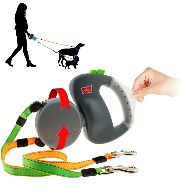Wigzi Correa Retráctil Para Perros Que No Se Enreda Para Dos Perros Con Mango De Gel Innovador - Pasee A 2 Perros De Hasta 50 Libras Cada Uno - Correas De 10 Pies Gris Pequeño/Mediano